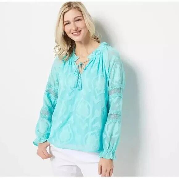 Belle by Kim Gravel Burnout Blouse - Cabana Blue, Size Medium (NWOT) - Picture 5 of 6